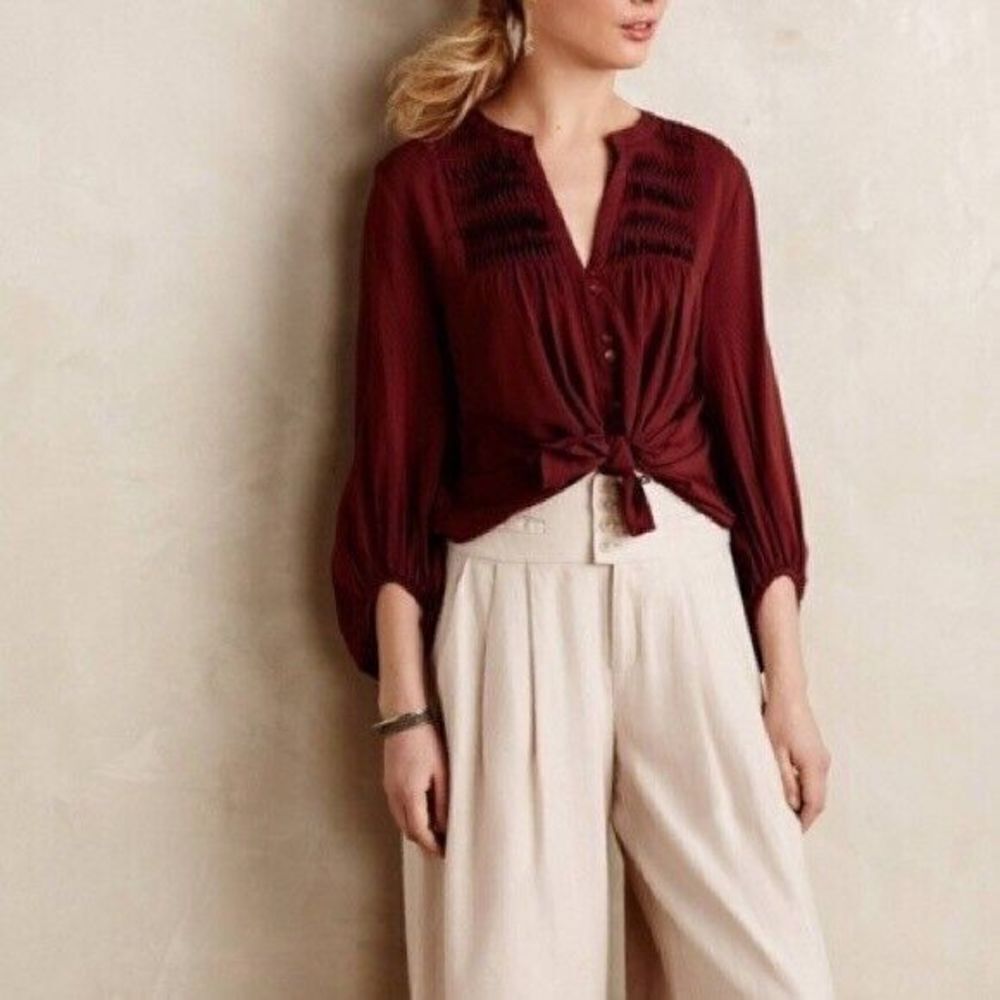 ✨Pintuck Peasant Blouse Maroon Sz. 12 Maeve✨